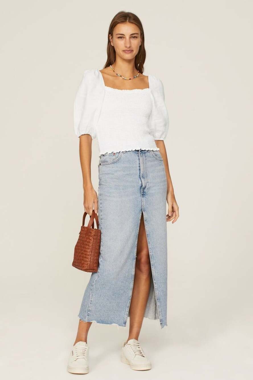 Faherty Frankie Top White 100% Linen Smocked Puff Sleeve Blouse S